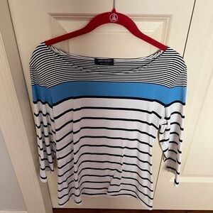 Saint James White, Blue and Black three quartered sleeve top, EUC